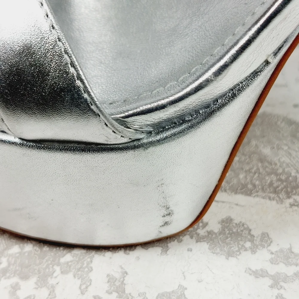 NEW SCHUTZ Silver Leather Platform High Heel Buckle Ankle Strap Sandals W491 - Picture 12 of 14